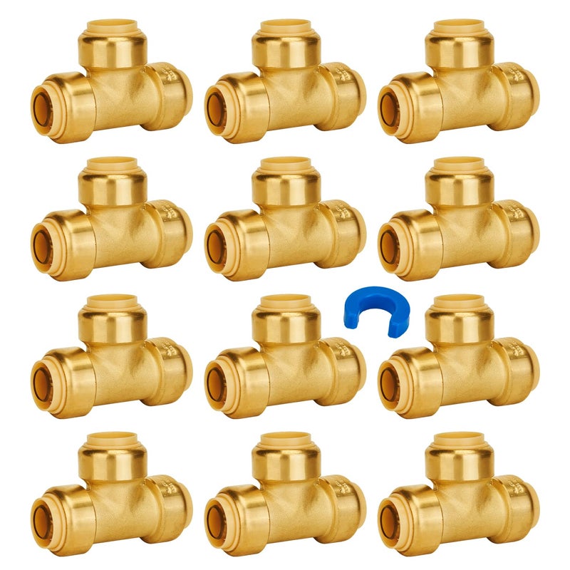SUNGATOR 12-Pack Tee Plumbing Pipe Connector, 3/4-Inch Push Fit PEX Tee, No Lead Brass T Fittings with Disconnect Clip, Push-to-Connect, Copper, CPVC - Image 1